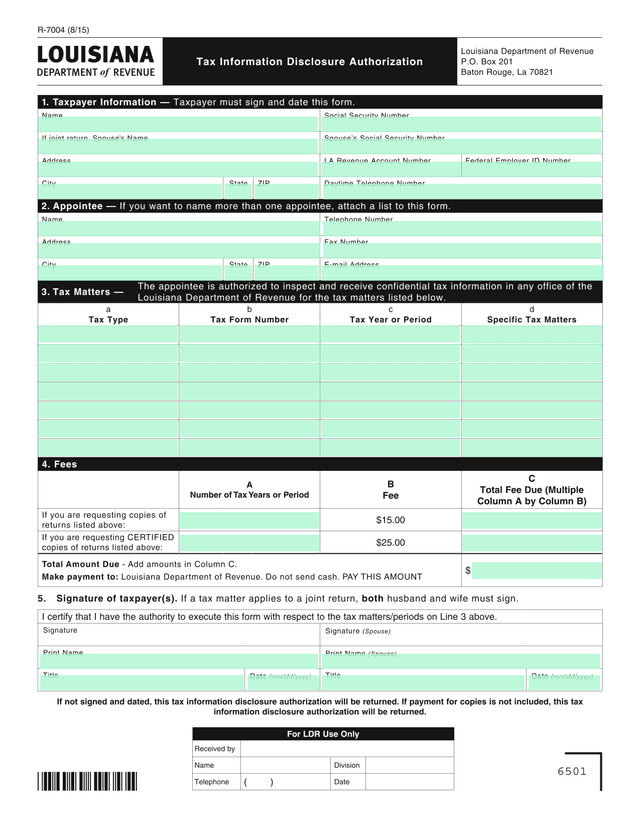 Tax Information Disclosure Authorization (Form R 7004) screenshot
