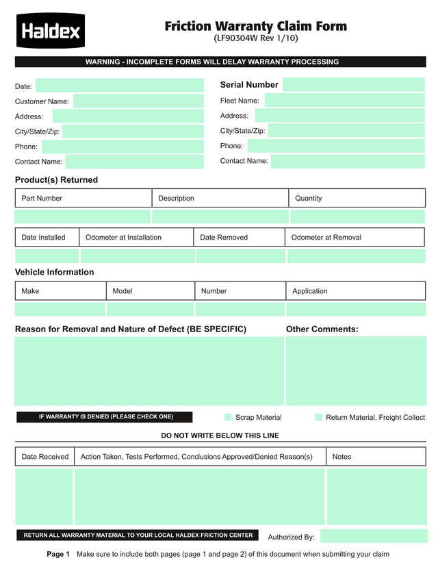 Friction Warranty Claim Form screenshot