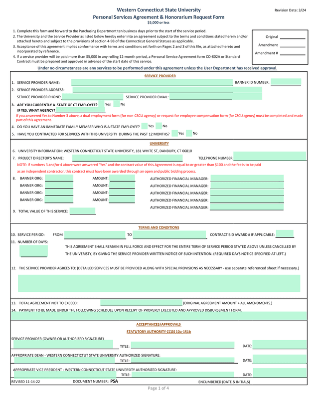 Personal Services Agreement  Honorarium Request Form screenshot