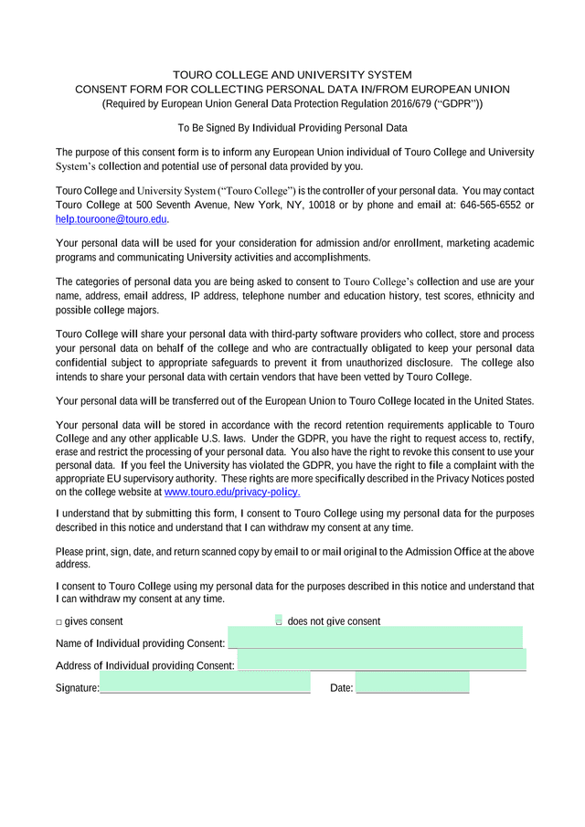 Consent Form For Collecting Personal Data InFrom European Union screenshot