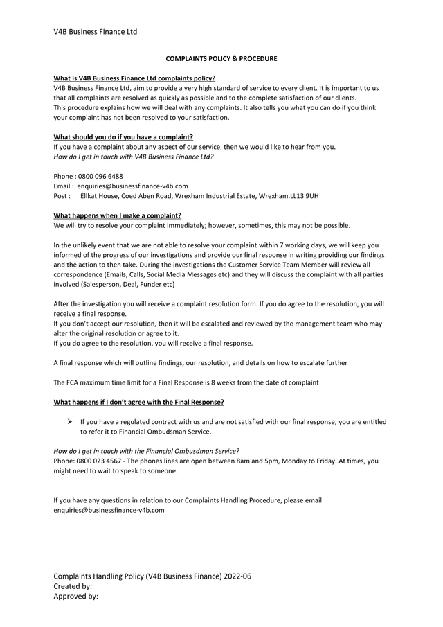 Complaints Handling Policy (V4B Business Finance) 2022 06 screenshot