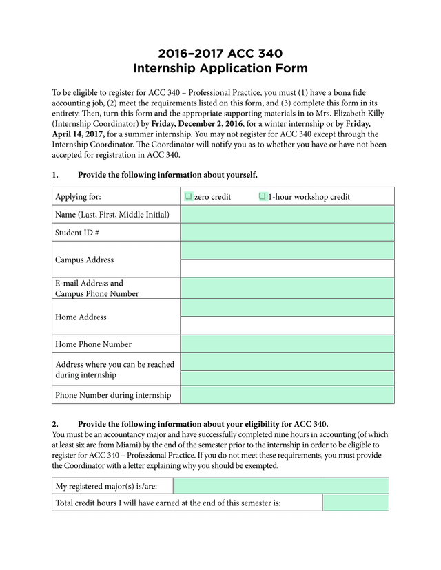 20162017 ACC 340 Internship Application Form screenshot