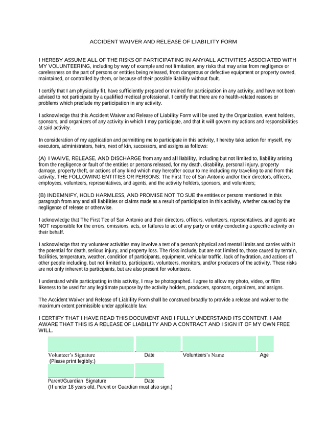 Accident Waiver And Release Of Liability Form screenshot
