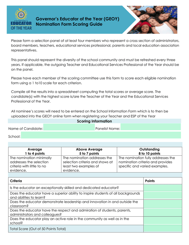 GovernorS Educator Of The Year (GEOY) Nomination Form Scoring Guide screenshot