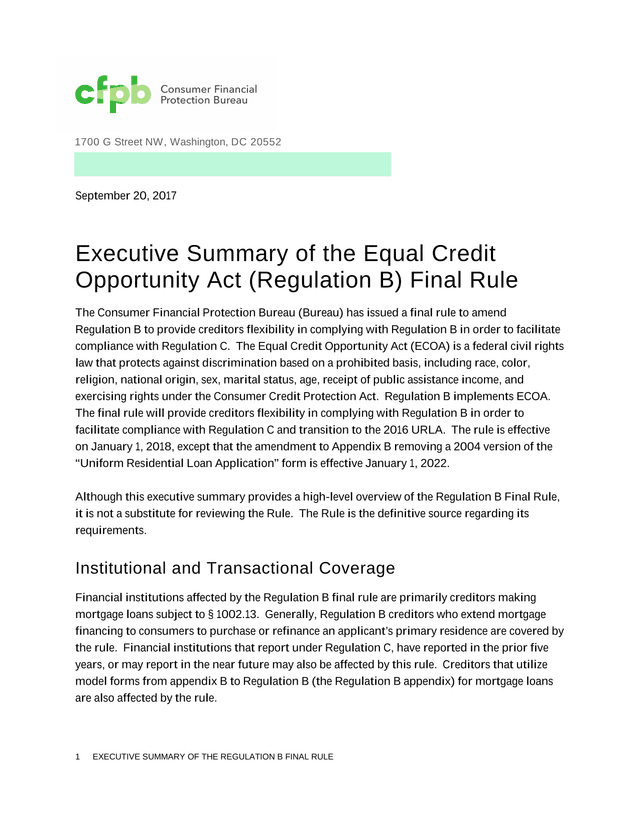 Executive Summary Of The Regulation B Final Rule screenshot