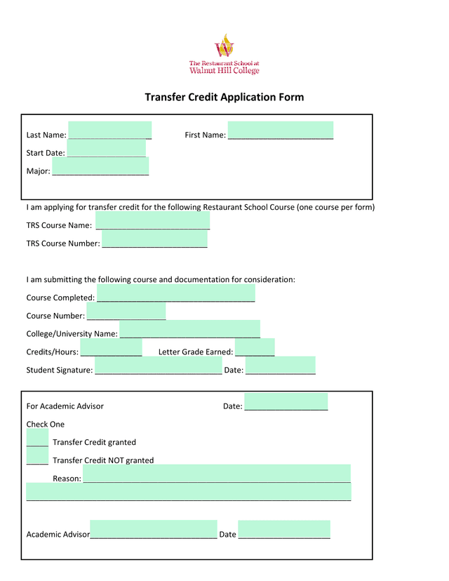 Transfer Credit Application Form screenshot