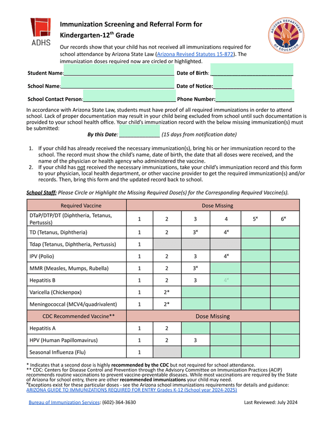 Immunization Screening And Referral Form For Kindergarten 12th Grade screenshot