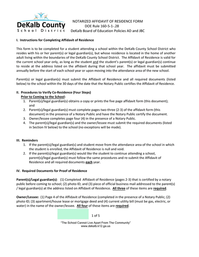 Notarized Affidavit Of Residence Form screenshot