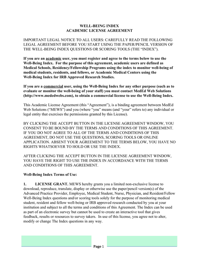 Well Being Index Academic License Agreement screenshot