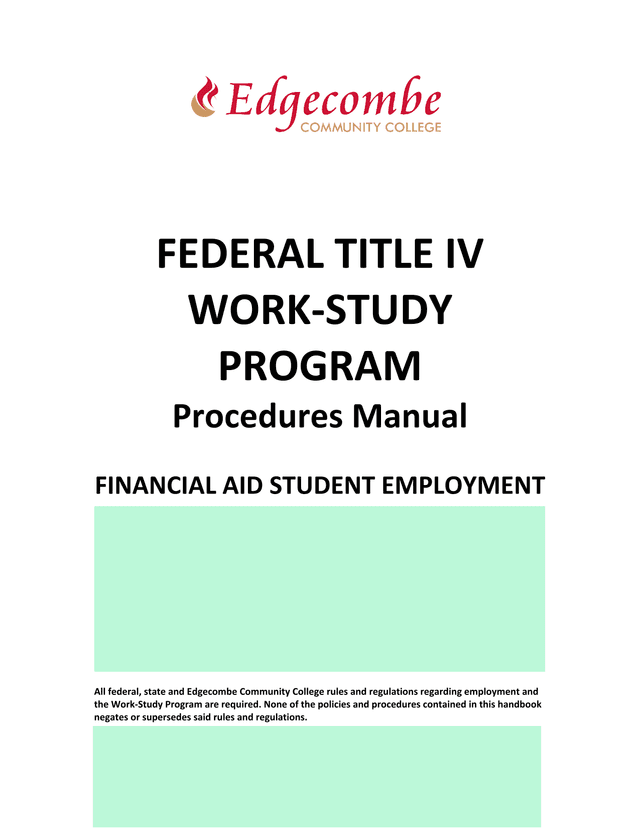 Federal Title IV Work Study Program Procedures Manual screenshot