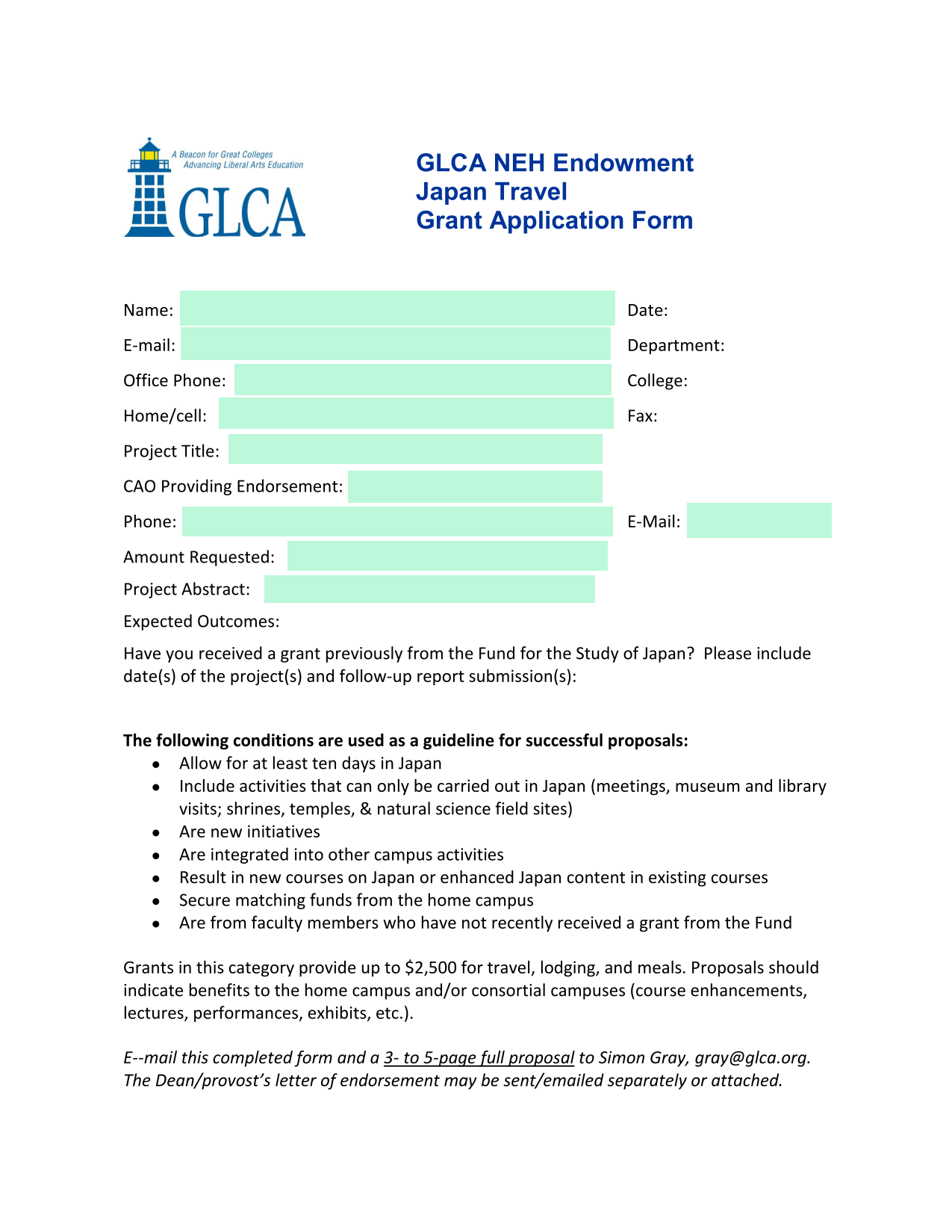 GLCA NEH Endowment Japan Travel Grant Application Form screenshot