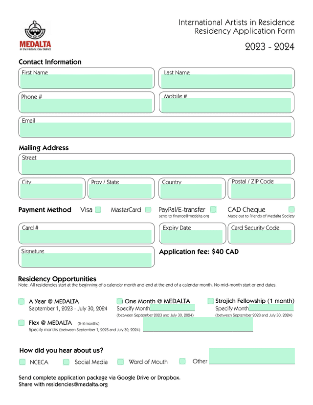 International Artists In Residence Residency Application Form screenshot