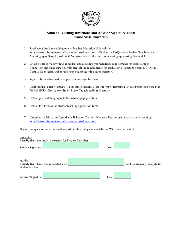 Student Teaching Directions And Advisor Signature Form screenshot