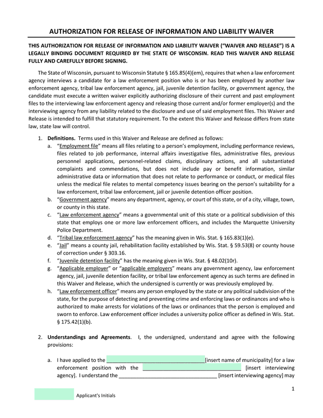 Authorization For Release Of Information And Liability Waiver screenshot