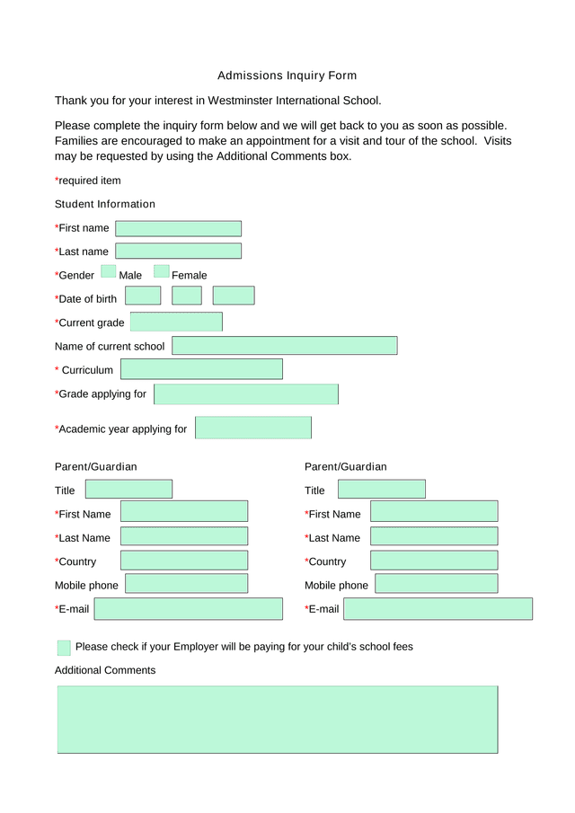 Admissions Inquiry Form screenshot