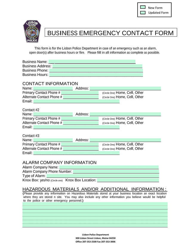 Business Emergency Contact Form screenshot