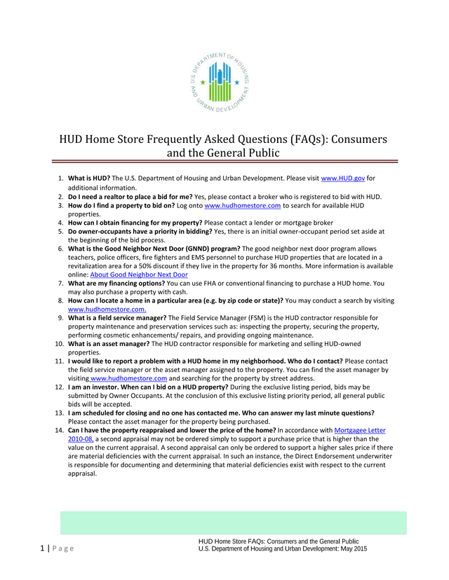 HUD Home Store FAQs Consumers And The General Public screenshot