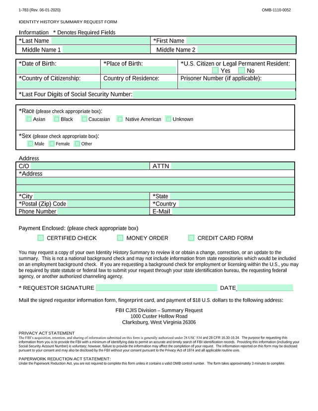Identity History Summary Request Form screenshot