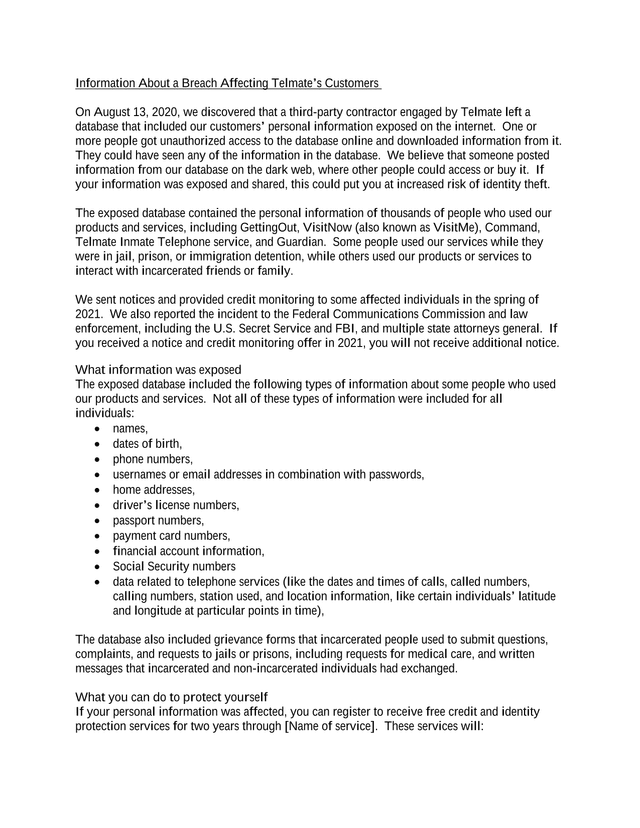 Information About A Breach Affecting TelmateS Customers screenshot