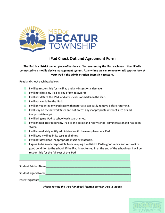 IPad Check Out And Agreement Form screenshot
