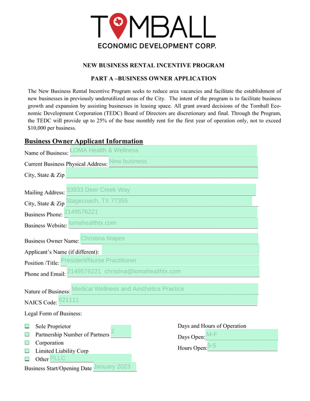 NEW BUSINESS RENTAL INCENTIVE PROGRAM   PART A  BUSINESS OWNER APPLICATION screenshot