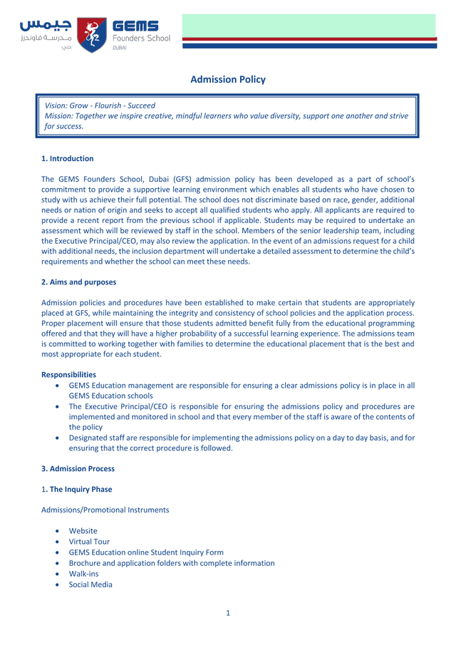 Admission Policy screenshot