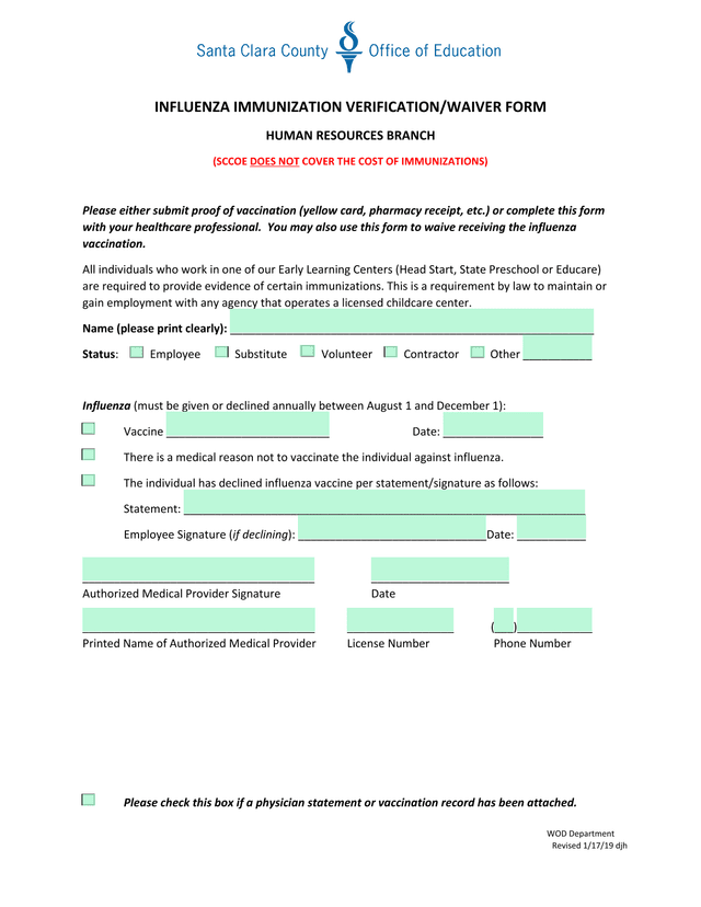 INFLUENZA IMMUNIZATION VERIFICATIONWAIVER FORM screenshot