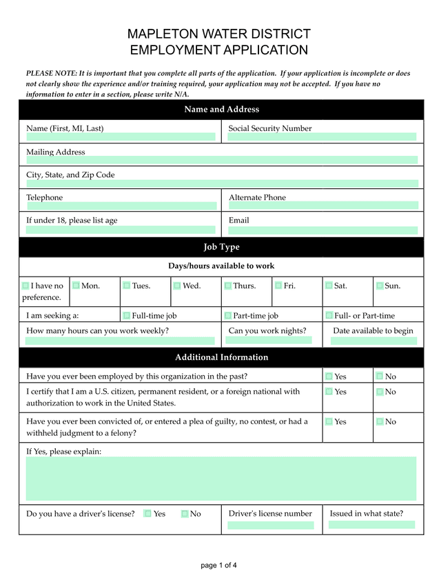 MAPLETON WATER DISTRICT EMPLOYMENT APPLICATION screenshot