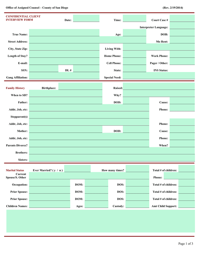 Confidential Client Interview Form screenshot