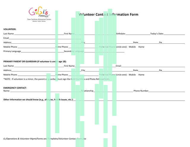 Volunteer Contact Information Form screenshot