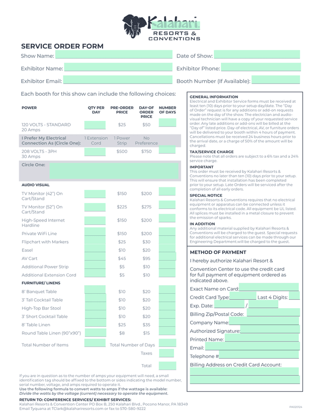 SERVICE ORDER FORM screenshot