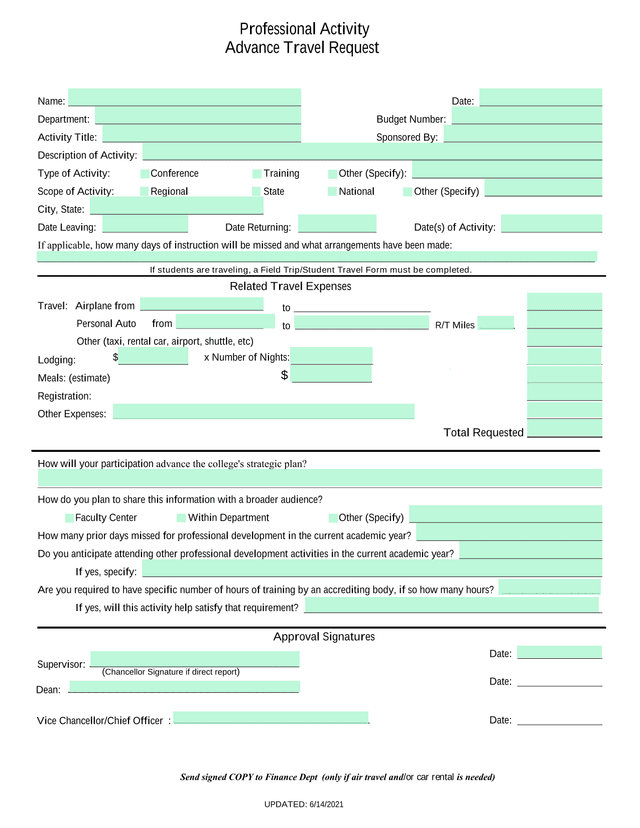 Professional Activity Advance Travel Request screenshot