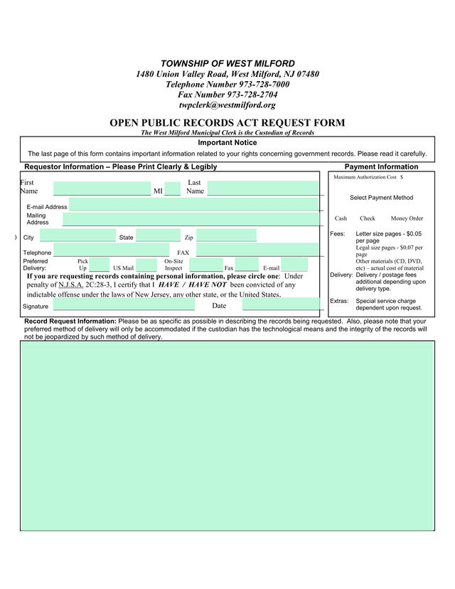 Open Public Records Act Request Form screenshot