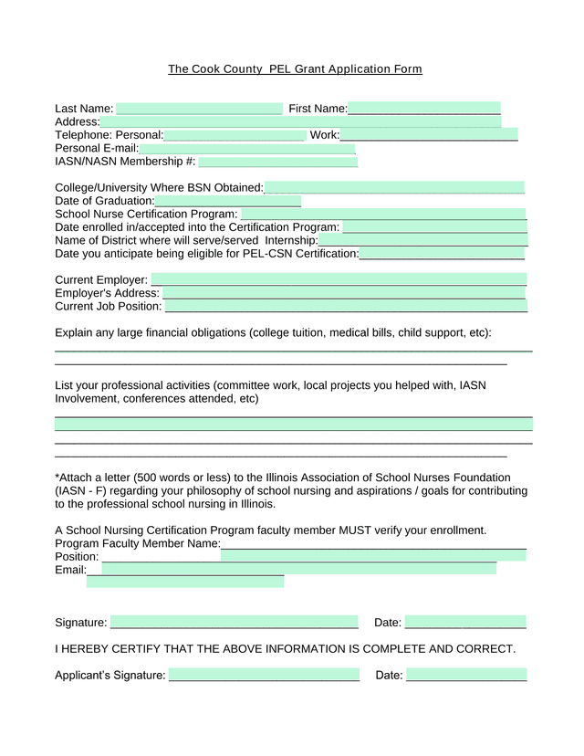 Cook County PEL Grant Application Form screenshot