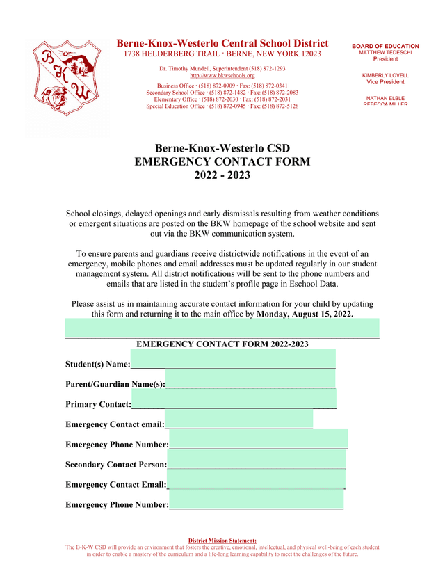 Emergency Contact Form screenshot