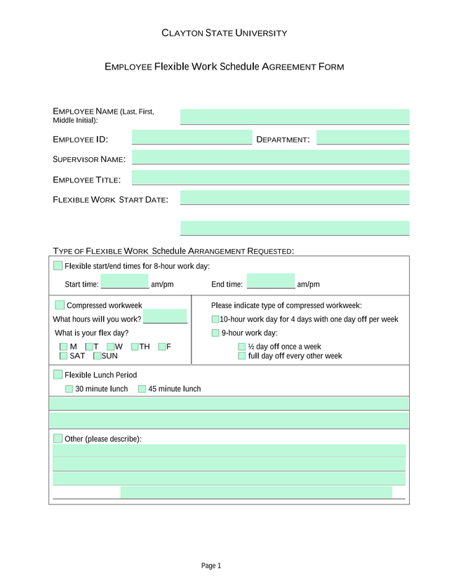EMPLOYEE Flexible Work Schedule AGREEMENT FORM screenshot