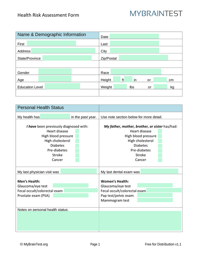 Health Risk Assessment Form screenshot