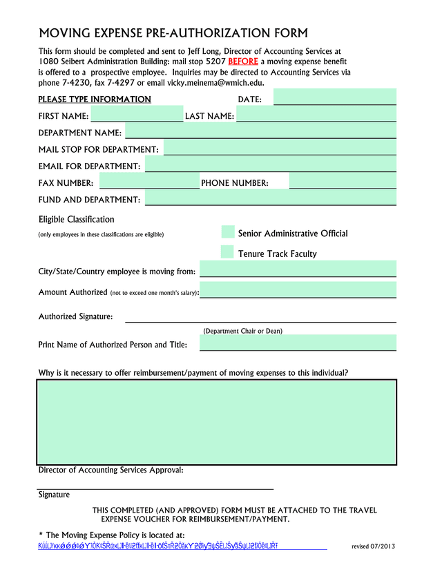 MOVING EXPENSE PRE AUTHORIZATION FORM screenshot