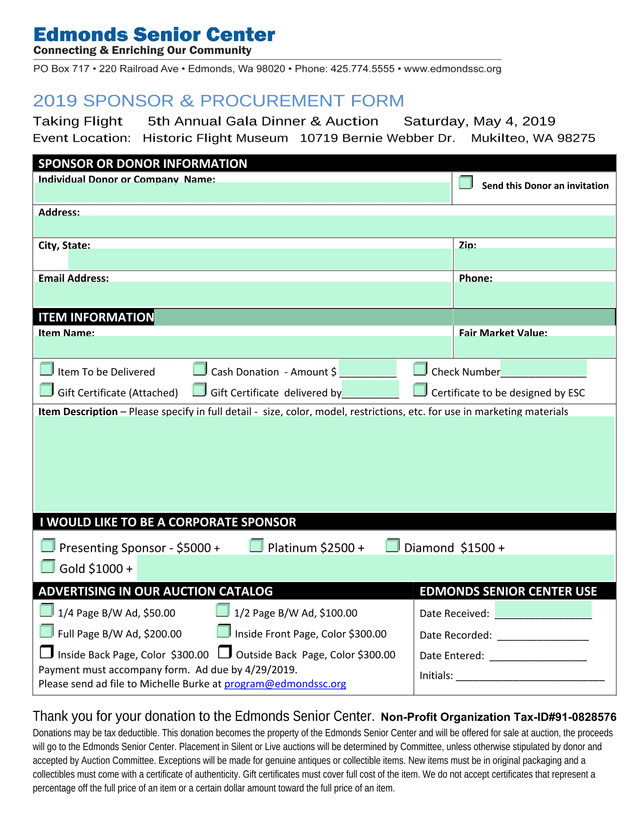 2019 Sponsor  Procurement Form screenshot