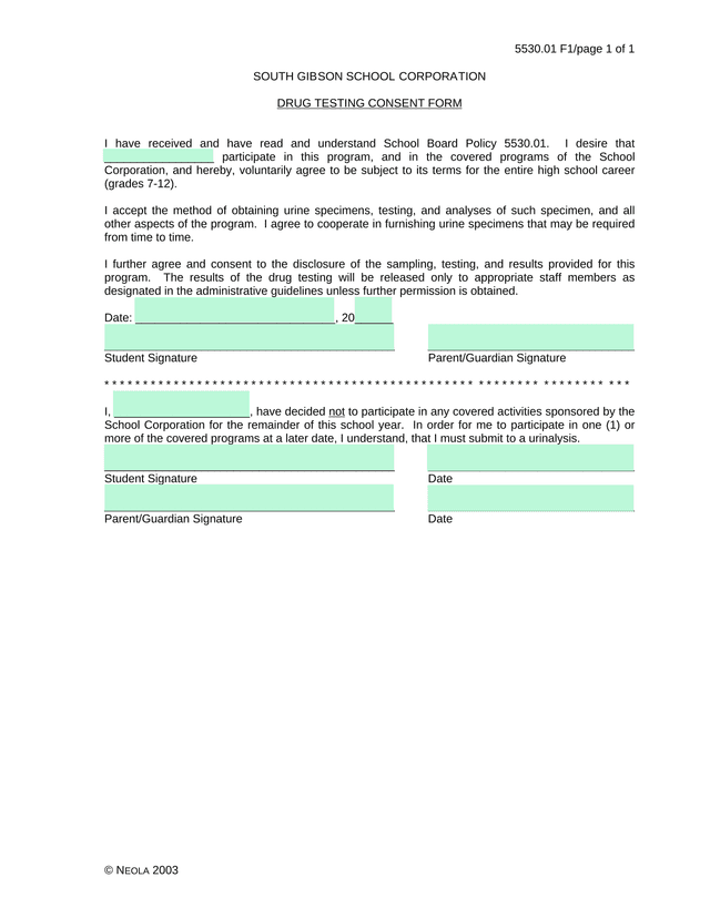 Drug Testing Consent Form screenshot