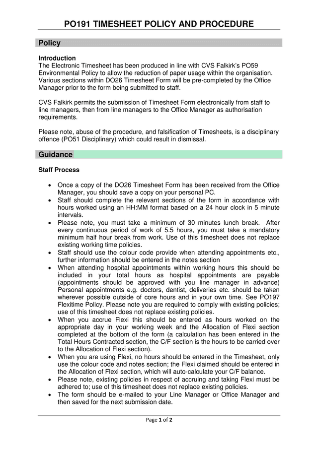 PO191 Timesheet Policy And Procedure screenshot