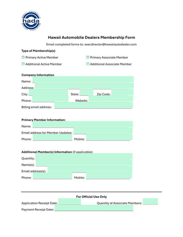 Hawaii Automobile Dealers Membership Form screenshot