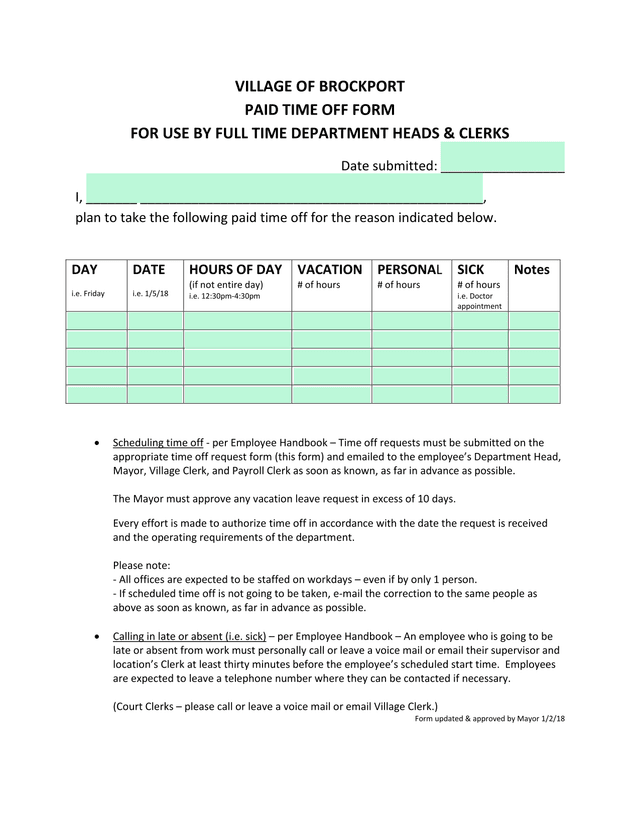 VILLAGE OF BROCKPORT PAID TIME OFF FORM screenshot