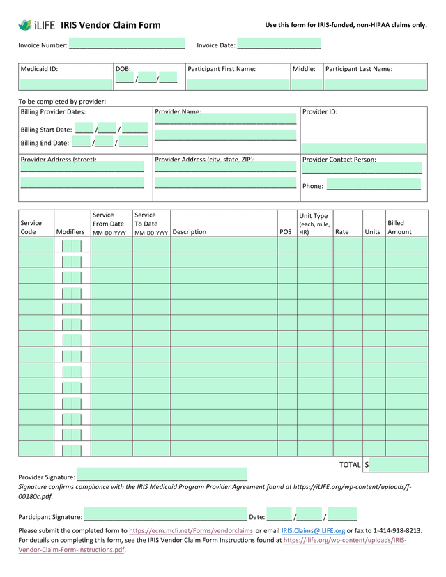 IRIS Vendor Claim Form screenshot