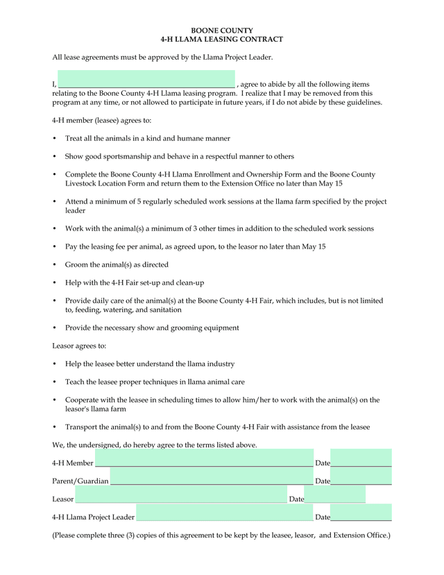 BOONE COUNTY 4 H LLAMA LEASING CONTRACT screenshot
