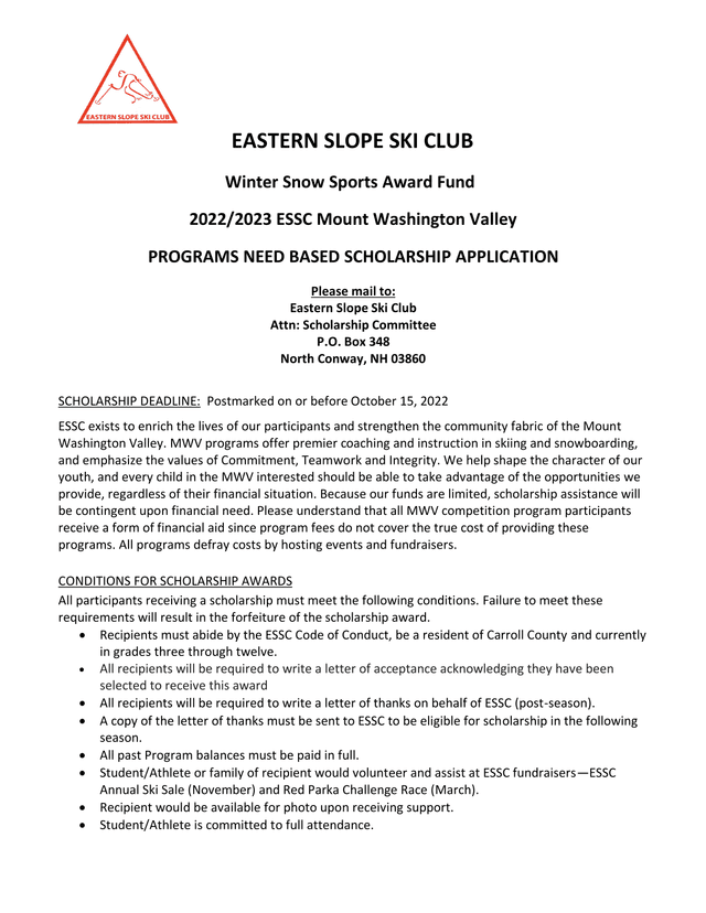 Eastern Slope Ski Club Winter Snow Sports Award Fund Scholarship Application screenshot