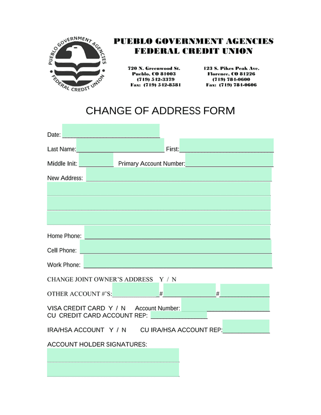 Change Of Address Form screenshot
