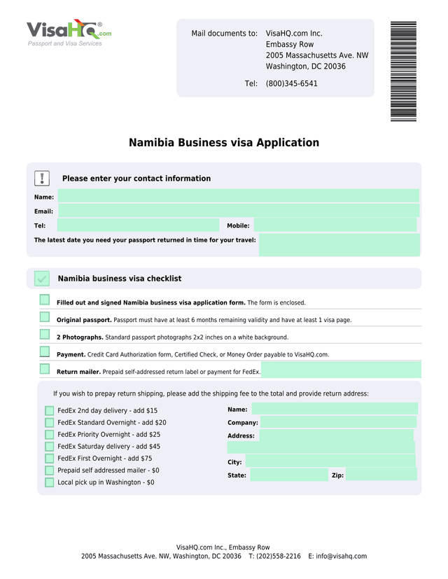 Namibia Business Visa Application screenshot