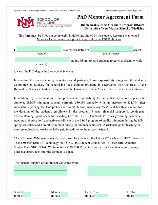 BSGP Mentor Agreement Form screenshot