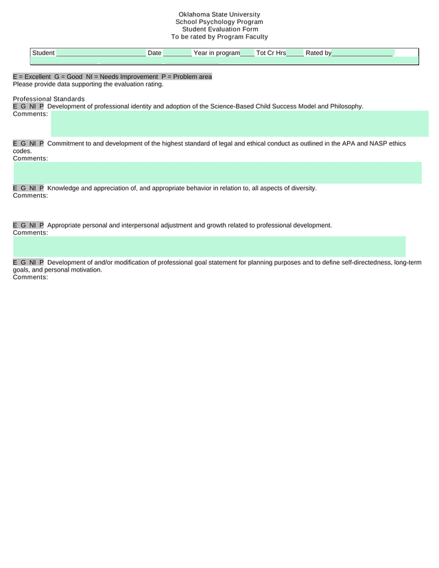 Oklahoma State University School Psychology Program Student Evaluation Form screenshot